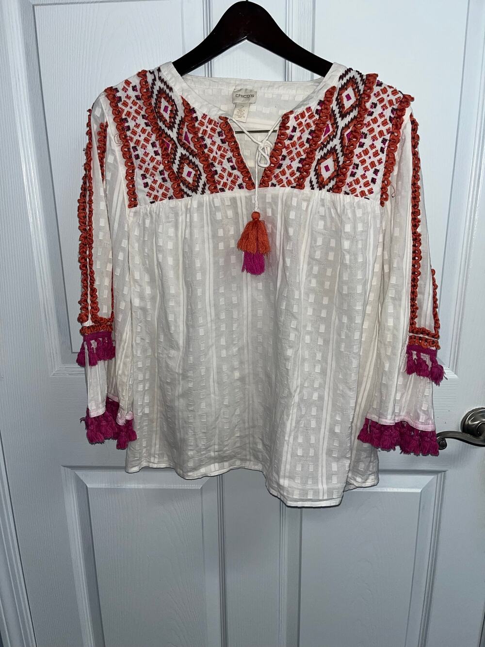 Chico's Embroidered Boho Tassel Peasant Blouse White Size 2 (Large)